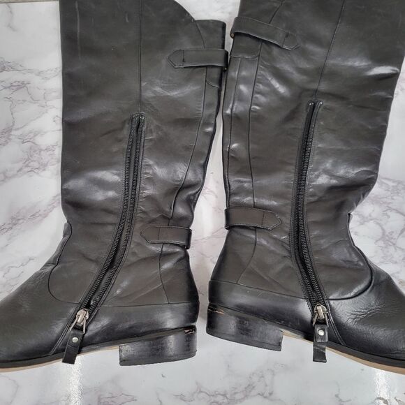 Modern Vintage Janet Black Knee High Tall Leather Riding Boots with Buckles - Picture 11 of 14